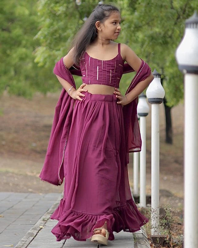 Wine Faux Georgette Kids Lehenga Choli