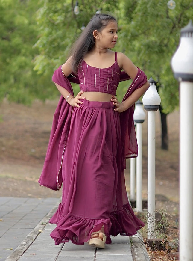 Wine Faux Georgette Kids Lehenga Choli