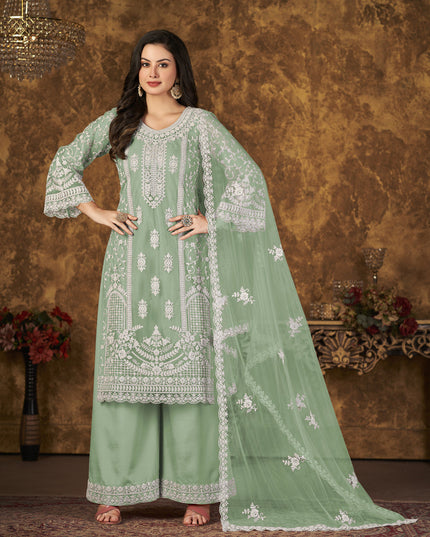 Mint Green Net Embroidered Palazzo Kameez