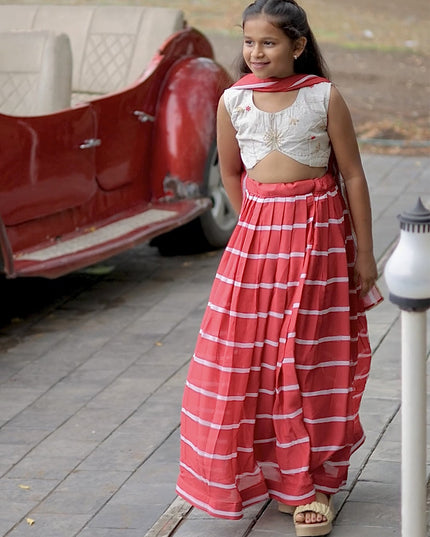 Salmon Pink Faux Georgette Kids Lehenga Choli