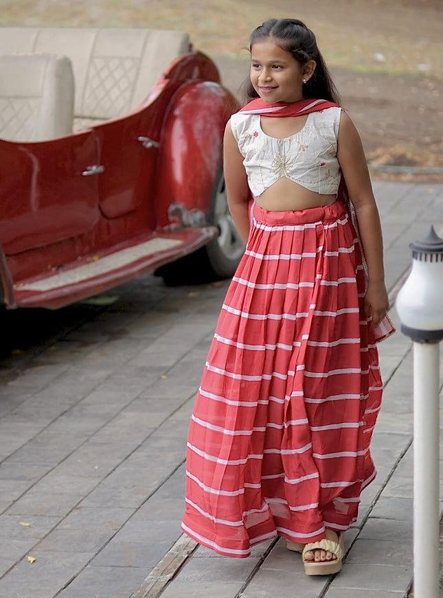 Salmon Pink Faux Georgette Kids Lehenga Choli