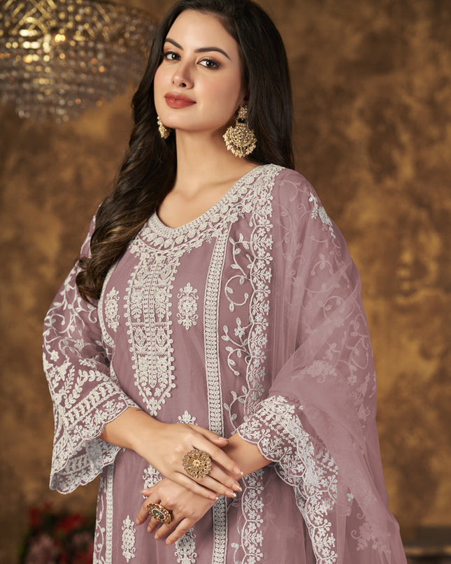 Old Rose Net Embroidered Palazzo Kameez