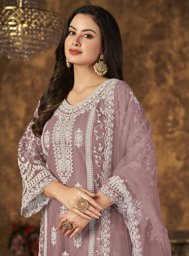 Old Rose Net Embroidered Palazzo Kameez