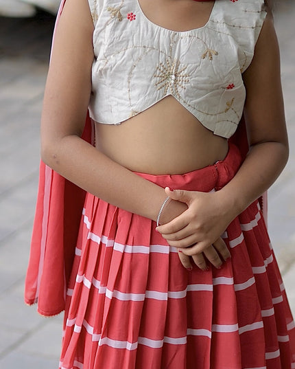 Salmon Pink Faux Georgette Kids Lehenga Choli