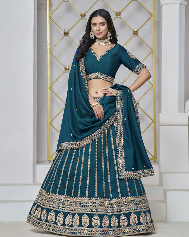 teal blue art silk embroidered lehenga choli for wedding