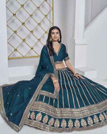 teal blue art silk embroidered lehenga choli for wedding