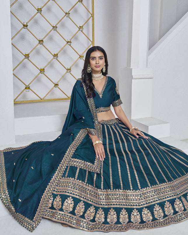 teal blue art silk embroidered lehenga choli for wedding