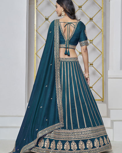 teal blue art silk embroidered lehenga choli for wedding