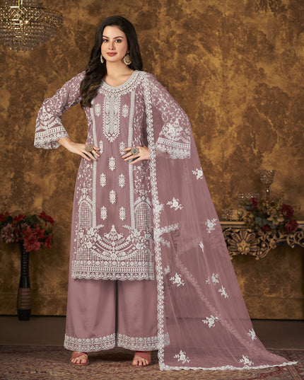 Old Rose Net Embroidered Palazzo Kameez