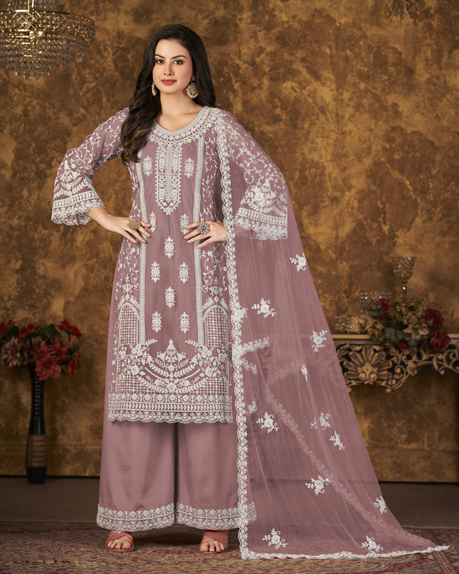 Old Rose Net Embroidered Palazzo Kameez