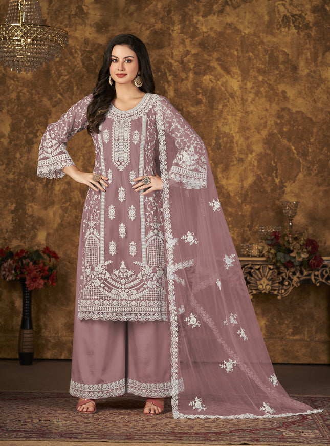 Old Rose Net Embroidered Palazzo Kameez
