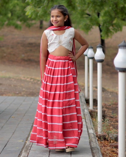 Salmon Pink Faux Georgette Kids Lehenga Choli