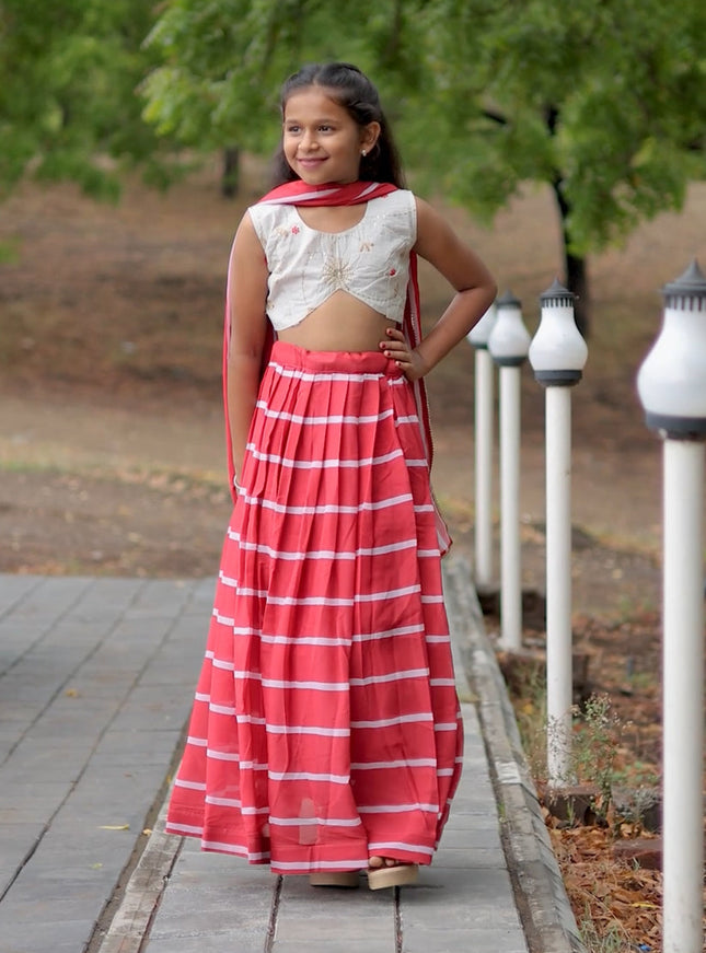 Salmon Pink Faux Georgette Kids Lehenga Choli