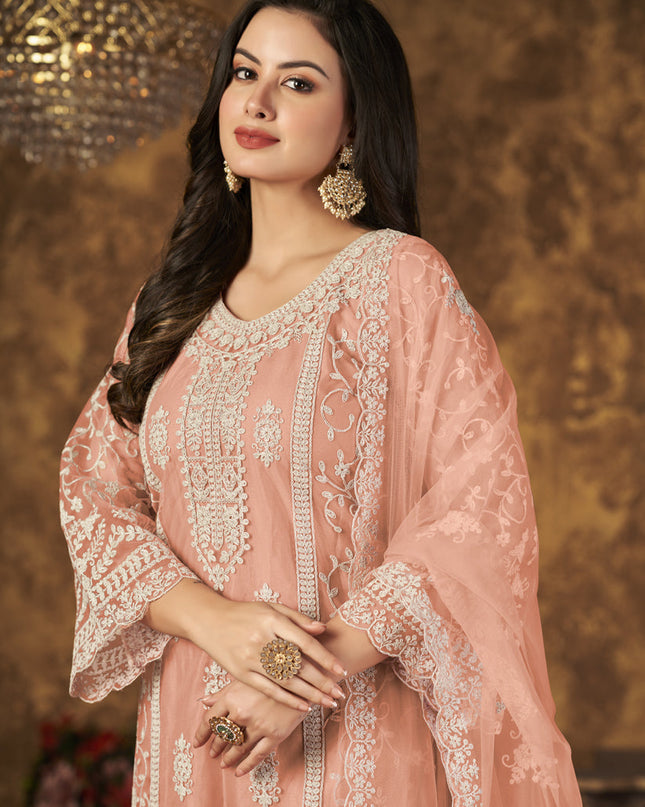 Peach Net Embroidered Palazzo Kameez