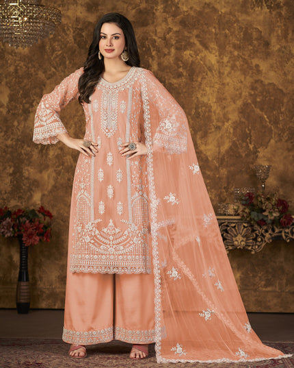 Peach Net Embroidered Palazzo Kameez