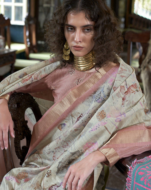 Dusty Cream Soft Banarasi Woven Saree For Festival