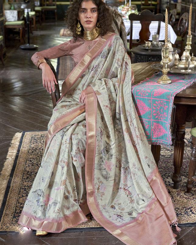 Dusty Cream Soft Banarasi Woven Saree For Festival