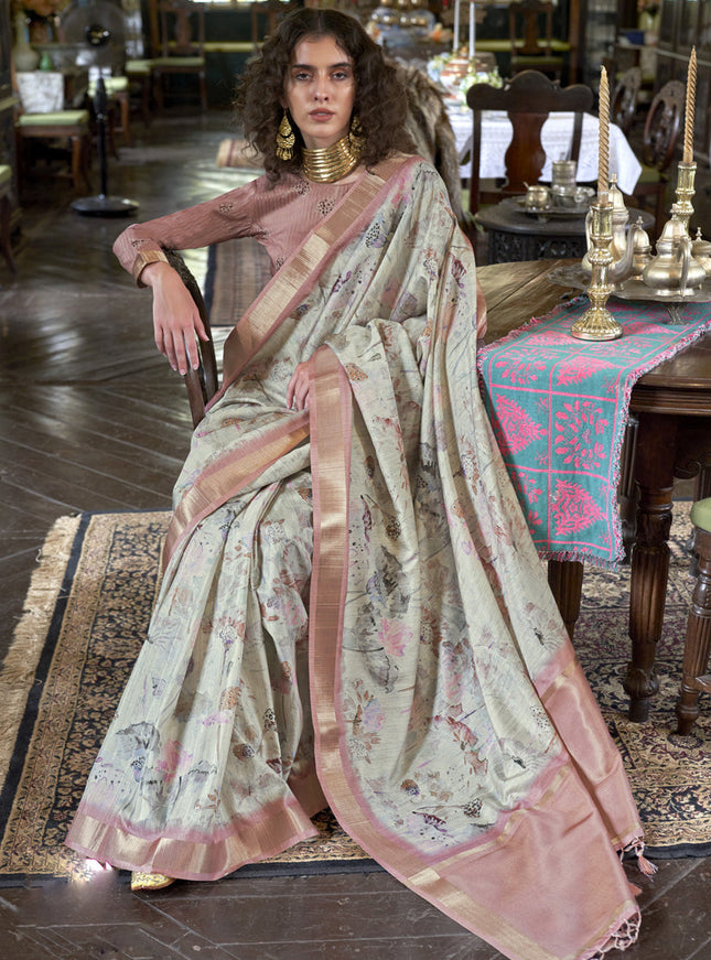 Dusty Cream Soft Banarasi Woven Saree For Festival