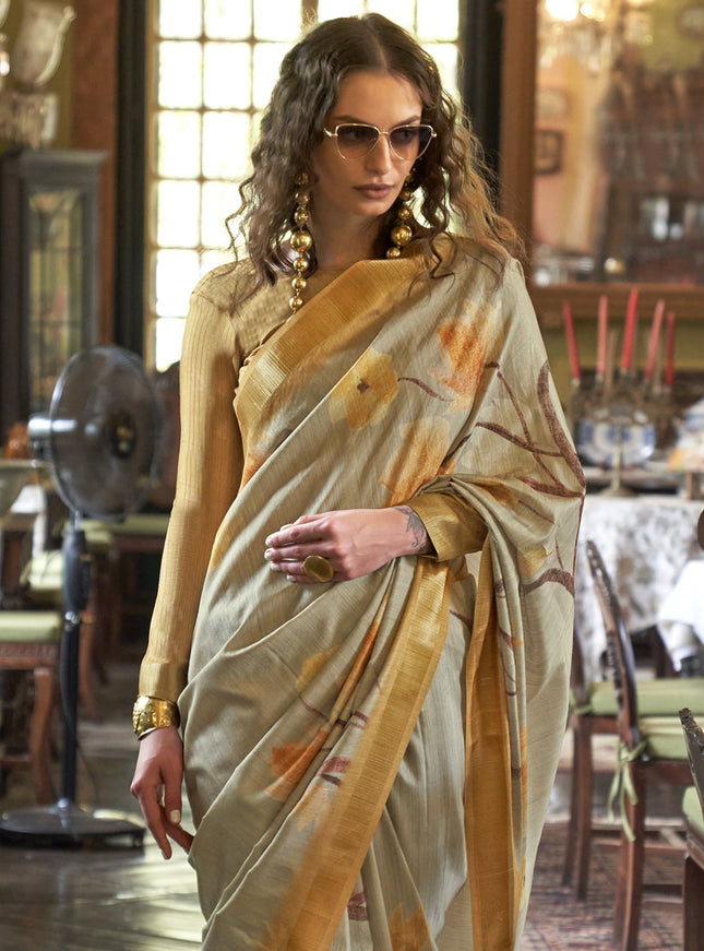 Beige Soft Banarasi Woven Saree For Festival