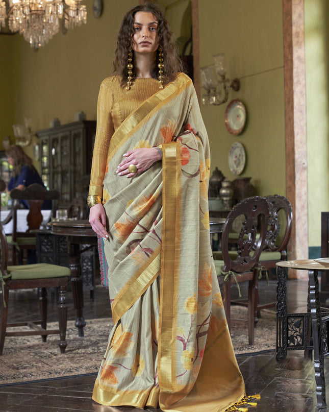 Beige Soft Banarasi Woven Saree For Festival