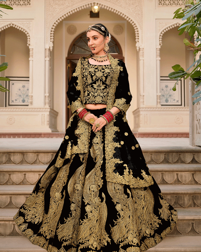 Black Embroidered Velvet Lehenga Choli