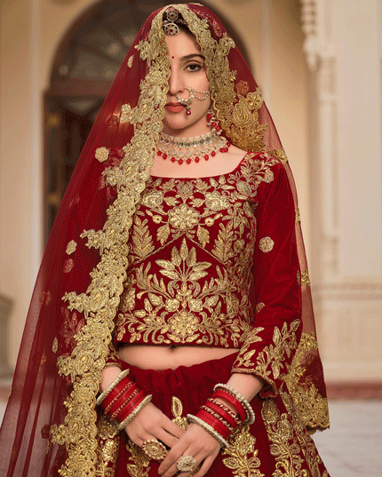 Maroon Embroidered Velvet Lehenga Choli