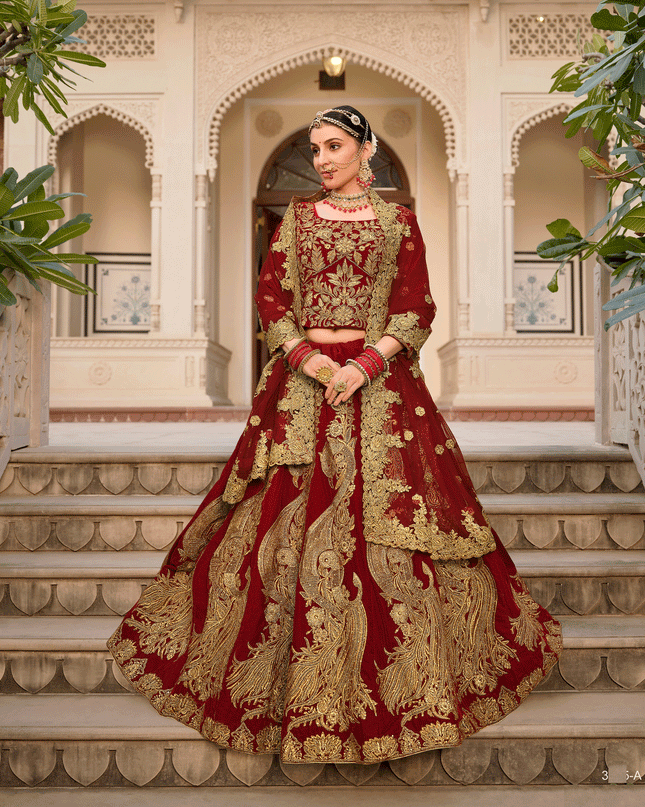Maroon Embroidered Velvet Lehenga Choli