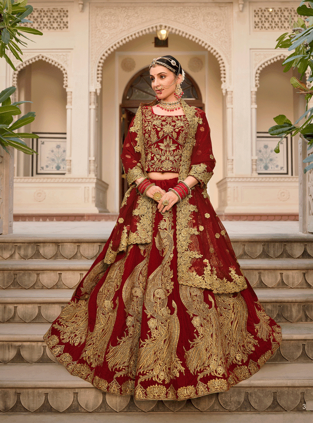 Maroon Embroidered Velvet Lehenga Choli