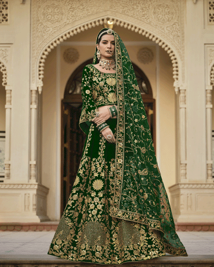 Forest Green Velvet Embroidered Bridal Lehenga Choli