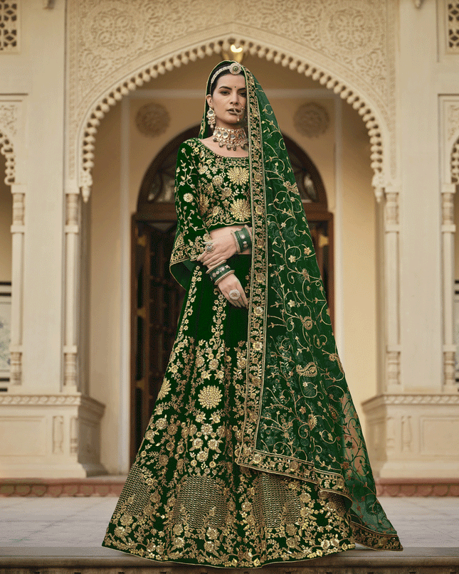Forest Green Velvet Embroidered Bridal Lehenga Choli