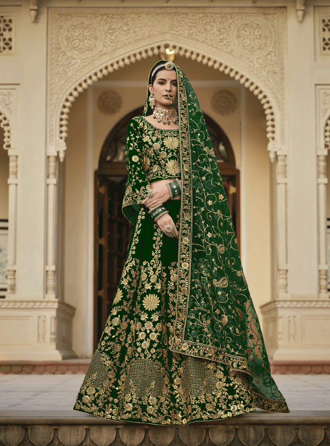 Forest Green Velvet Embroidered Bridal Lehenga Choli