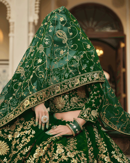 Forest Green Velvet Embroidered Bridal Lehenga Choli