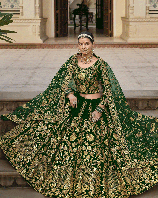 Forest Green Velvet Embroidered Bridal Lehenga Choli