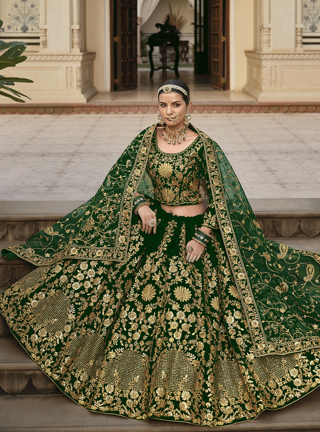 Forest Green Velvet Embroidered Bridal Lehenga Choli