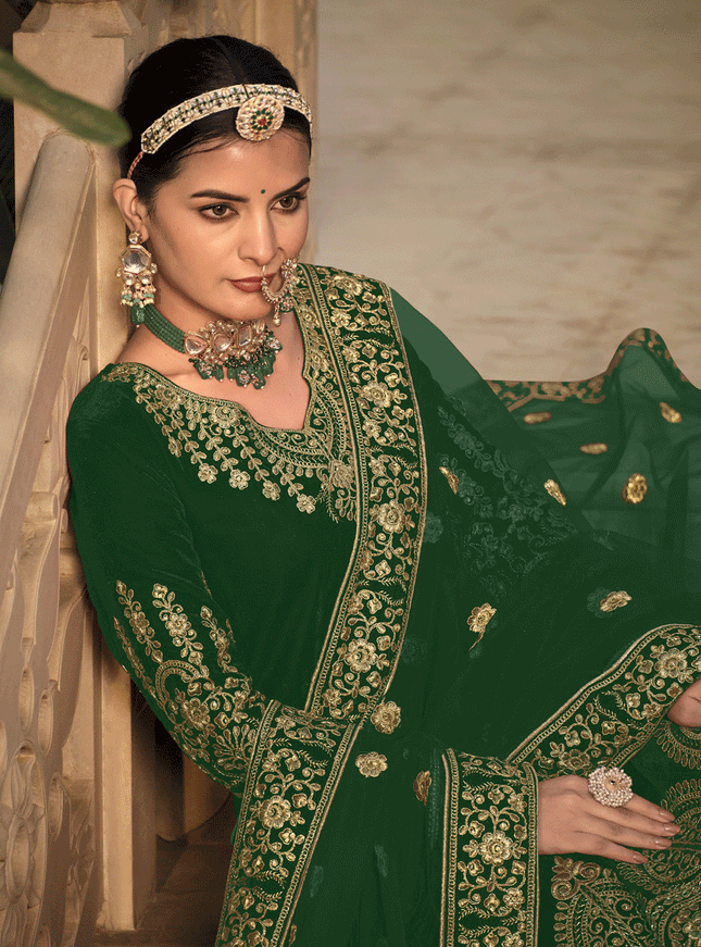 Kelly Green Velvet Heavy Embroidered Anarkali Suit
