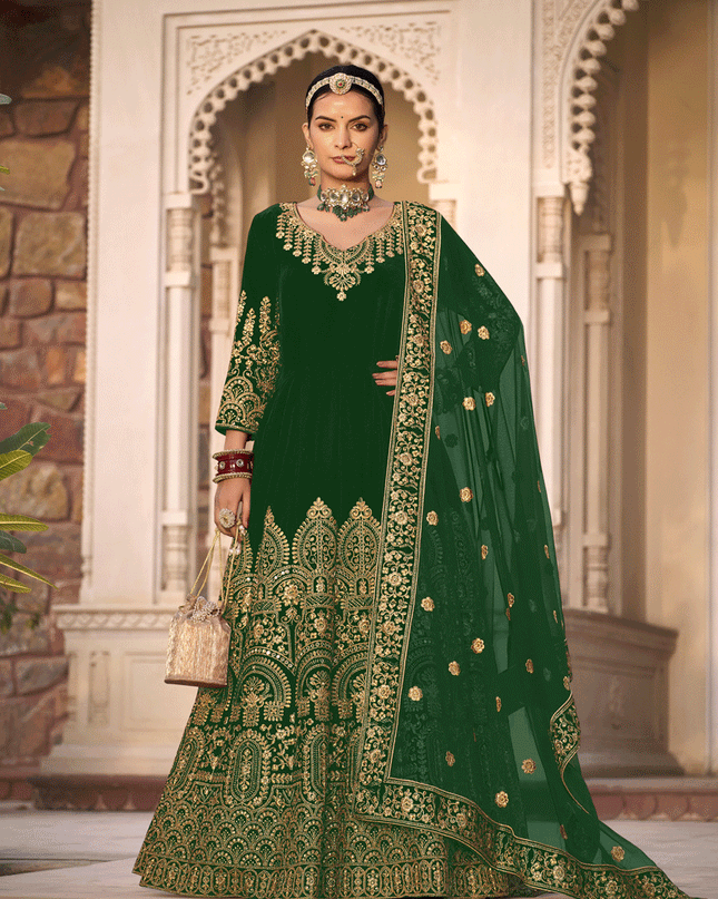 Kelly Green Velvet Heavy Embroidered Anarkali Suit