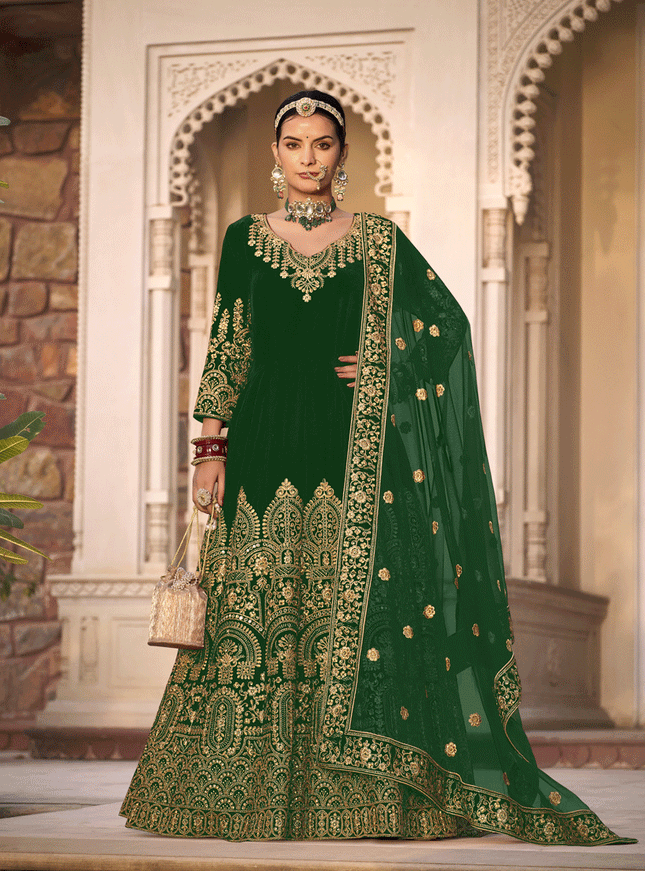 Kelly Green Velvet Heavy Embroidered Anarkali Suit