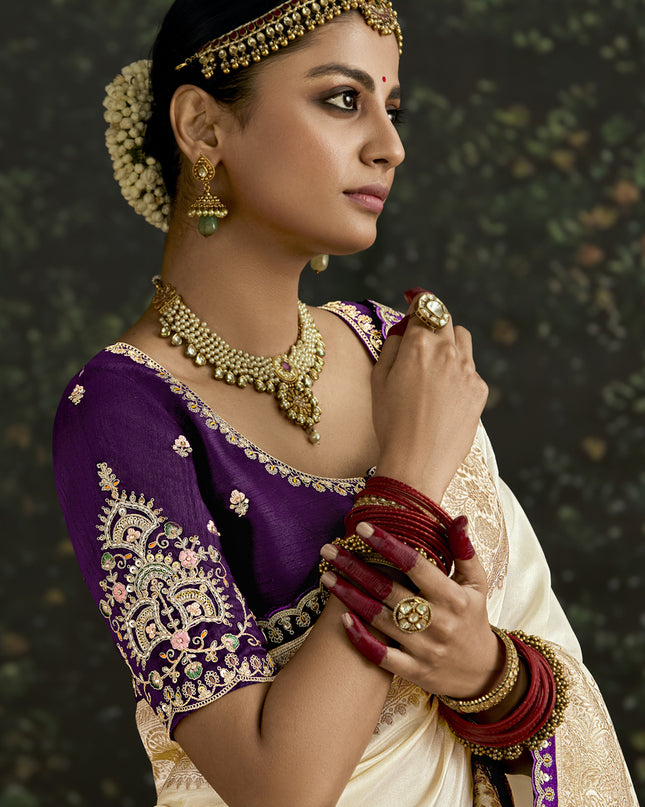 Sleek Ivory Dola Silk Embroidered Wedding Saree