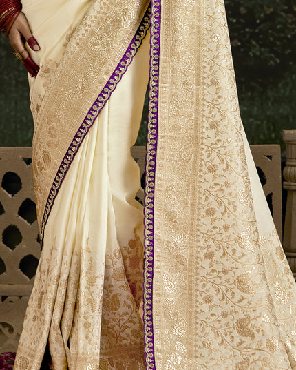 Sleek Ivory Dola Silk Embroidered Wedding Saree