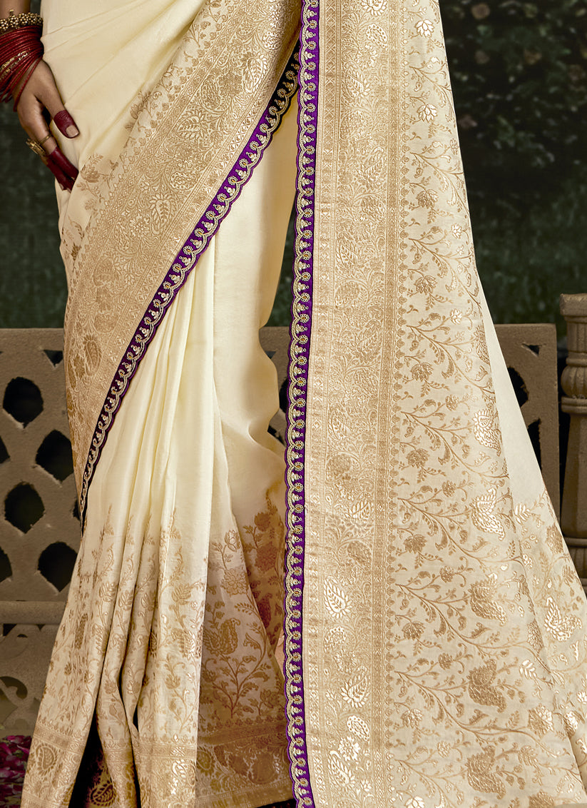 Sleek Ivory Dola Silk Embroidered Wedding Saree