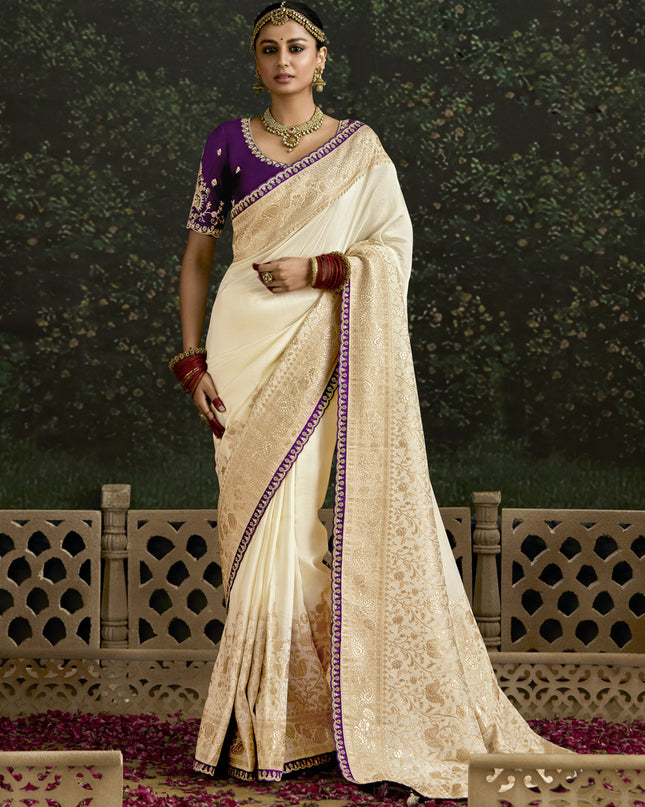 Sleek Ivory Dola Silk Embroidered Wedding Saree