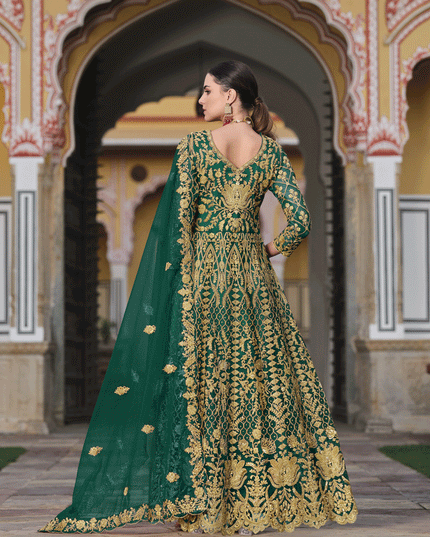 Bottle Green Heavy Embrodiered Butterfly Net Anarkali Suit