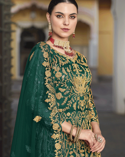 Bottle Green Heavy Embrodiered Butterfly Net Anarkali Suit