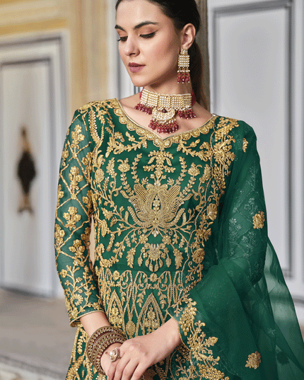Bottle Green Heavy Embrodiered Butterfly Net Anarkali Suit