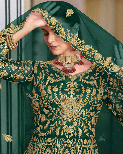 Bottle Green Heavy Embrodiered Butterfly Net Anarkali Suit