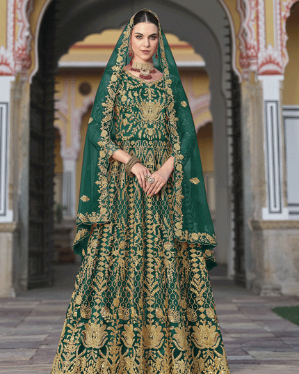 Bottle Green Heavy Embrodiered Butterfly Net Anarkali Suit