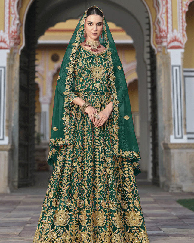 Bottle Green Heavy Embrodiered Butterfly Net Anarkali Suit