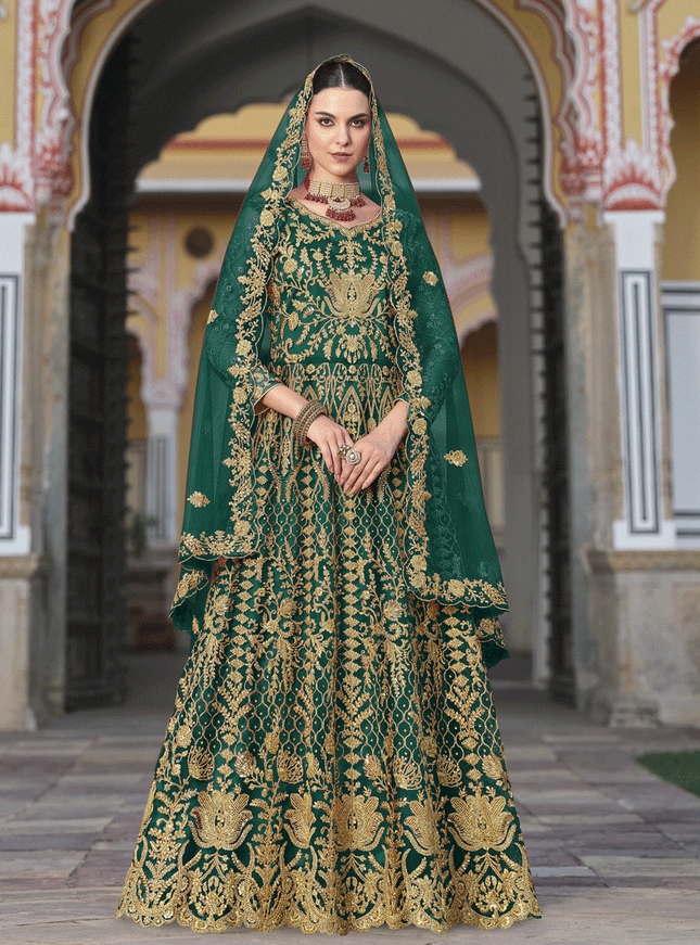 Bottle Green Heavy Embrodiered Butterfly Net Anarkali Suit