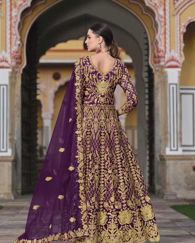 Purple Heavy Embrodiered Butterfly Net Anarkali Suit