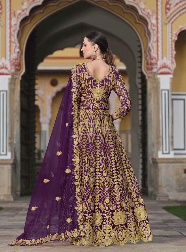 Purple Heavy Embrodiered Butterfly Net Anarkali Suit
